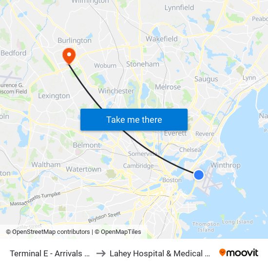 Terminal E - Arrivals Level to Lahey Hospital & Medical Center map