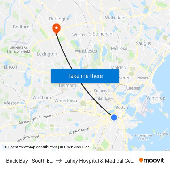 Back Bay - South End to Lahey Hospital & Medical Center map