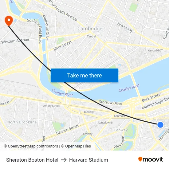Sheraton Boston Hotel to Harvard Stadium map