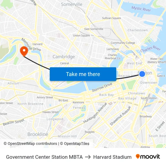 Government Center Station MBTA to Harvard Stadium map