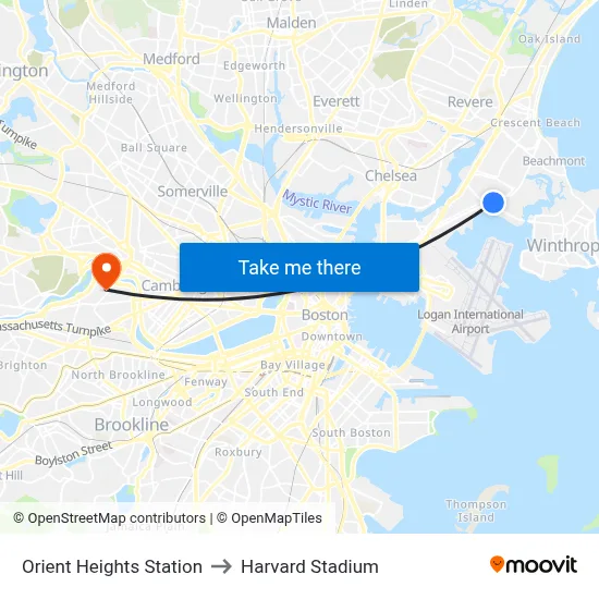 Orient Heights Station to Harvard Stadium map