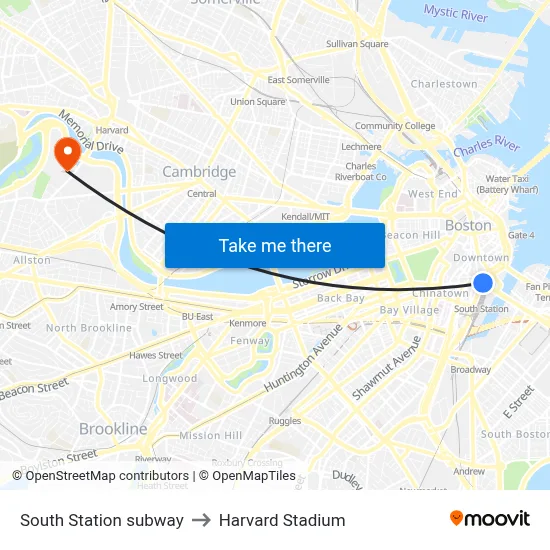 South Station subway to Harvard Stadium map