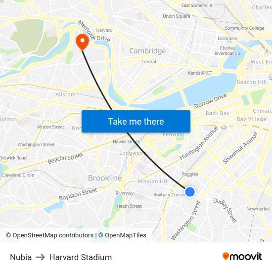 Nubia to Harvard Stadium map
