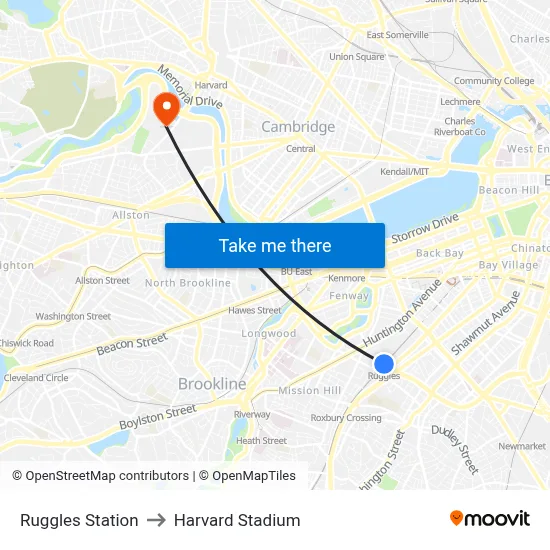 Ruggles Station to Harvard Stadium map