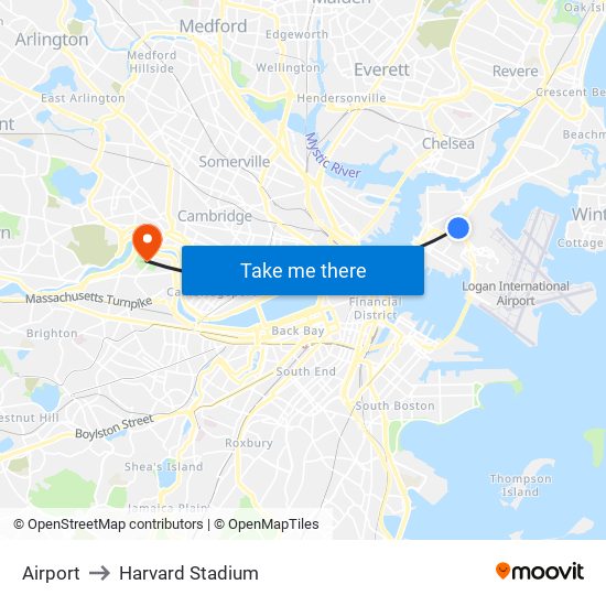 Airport to Harvard Stadium map