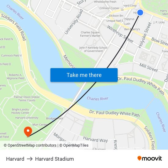 Harvard to Harvard Stadium map