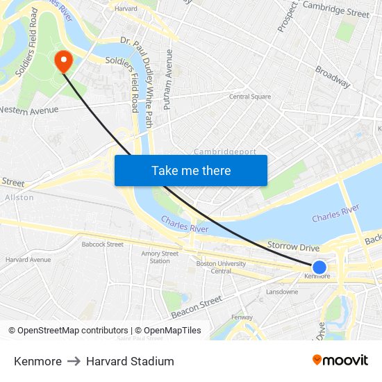 Kenmore to Harvard Stadium map