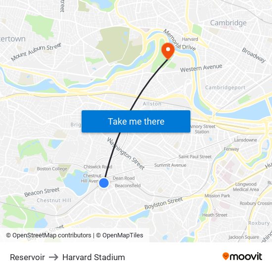 Reservoir to Harvard Stadium map