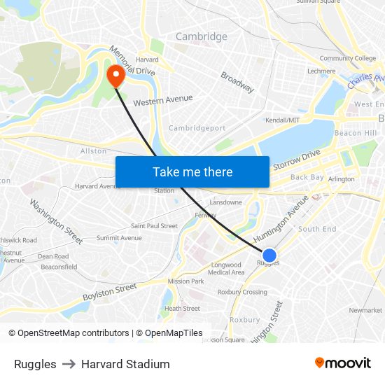 Ruggles to Harvard Stadium map