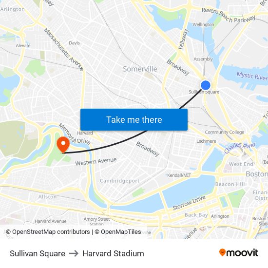 Sullivan Square to Harvard Stadium map