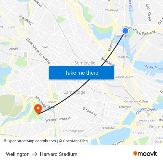 Wellington to Harvard Stadium map