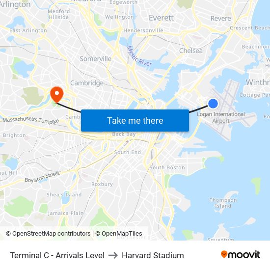 Terminal C - Arrivals Level to Harvard Stadium map