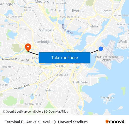Terminal E - Arrivals Level to Harvard Stadium map