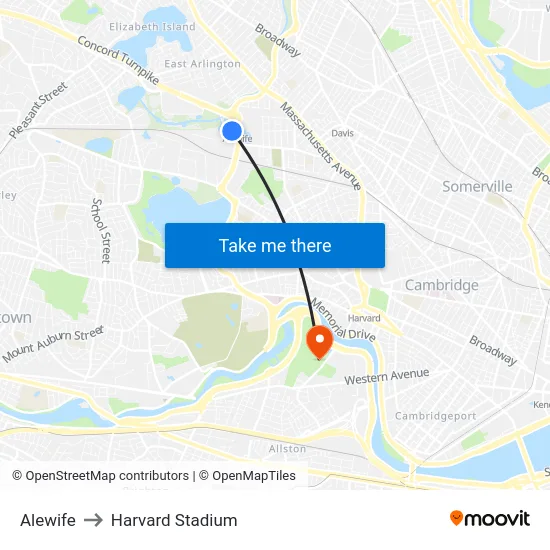 Alewife to Harvard Stadium map