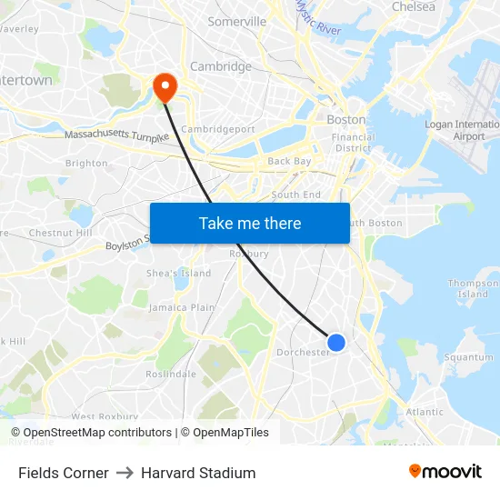Fields Corner to Harvard Stadium map