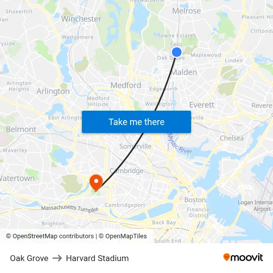 Oak Grove to Harvard Stadium map