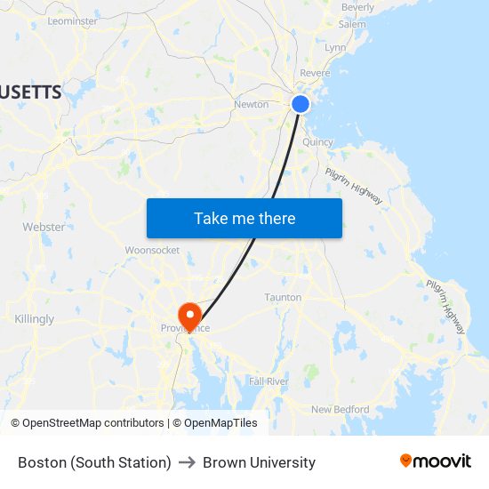Boston (South Station) to Brown University map