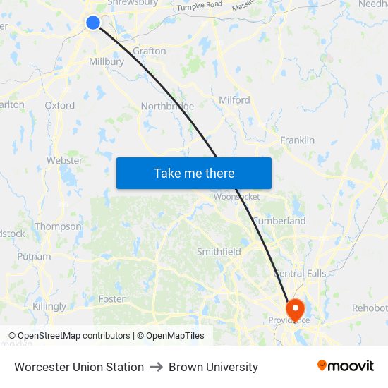 Worcester Union Station to Brown University map