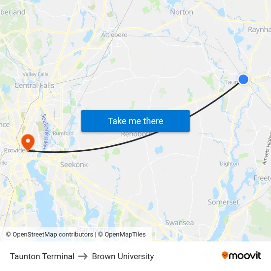 Taunton Terminal to Brown University map
