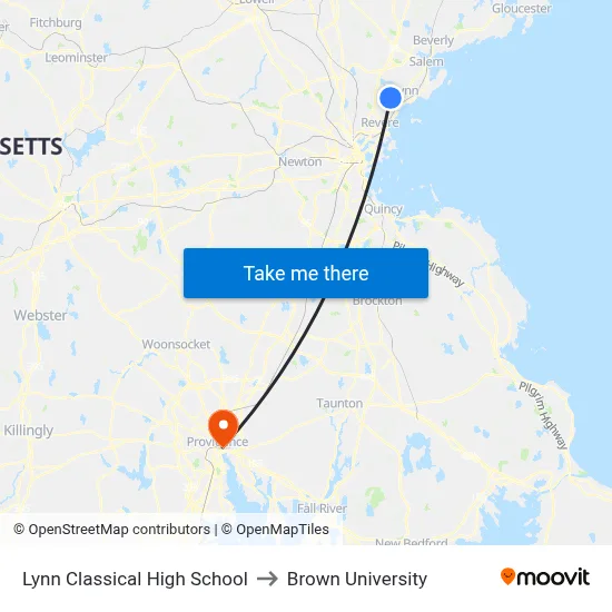 Lynn Classical High School to Brown University map