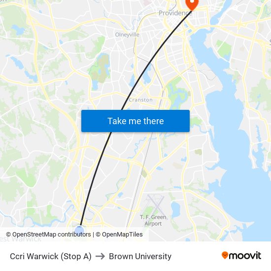 Ccri Warwick (Stop A) to Brown University map