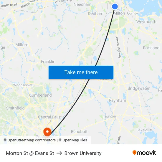 Morton St @ Evans St to Brown University map