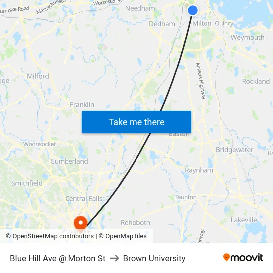 Blue Hill Ave @ Morton St to Brown University map
