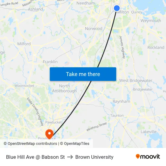 Blue Hill Ave @ Babson St to Brown University map