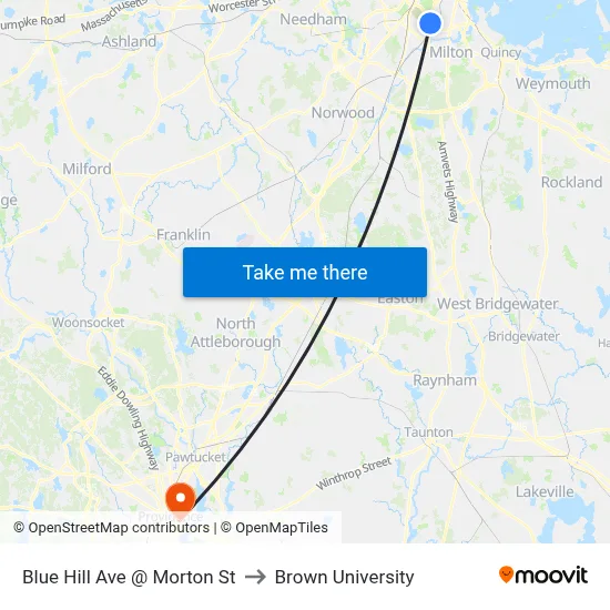 Blue Hill Ave @ Morton St to Brown University map