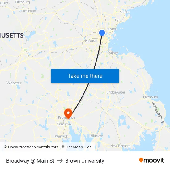 Broadway @ Main St to Brown University map
