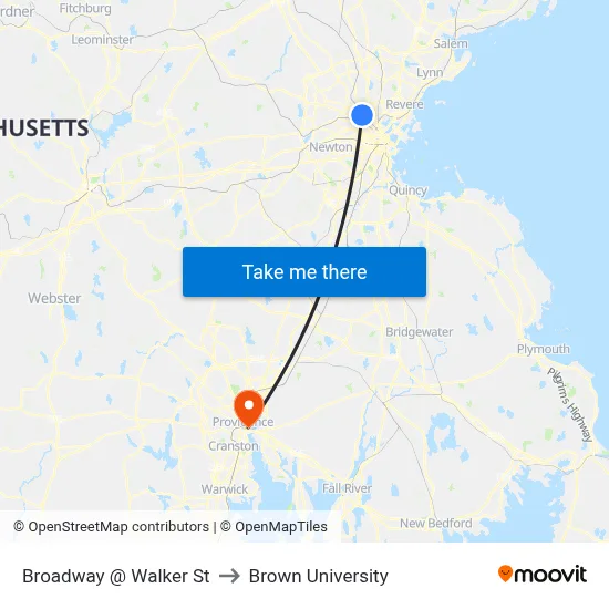 Broadway @ Walker St to Brown University map
