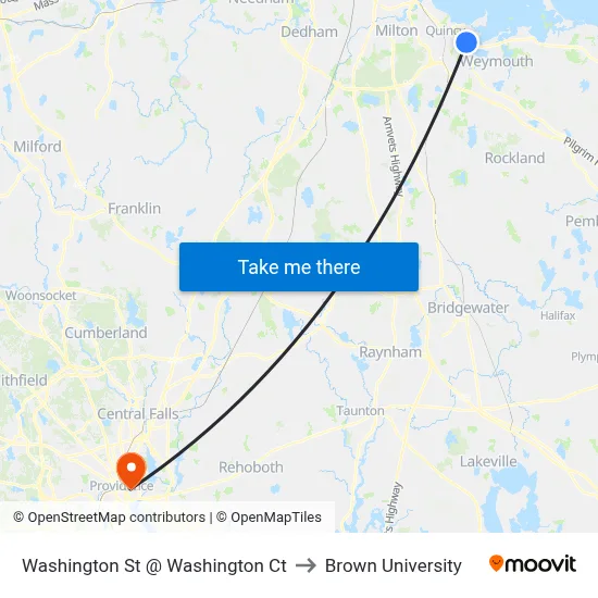 Washington St @ Washington Ct to Brown University map