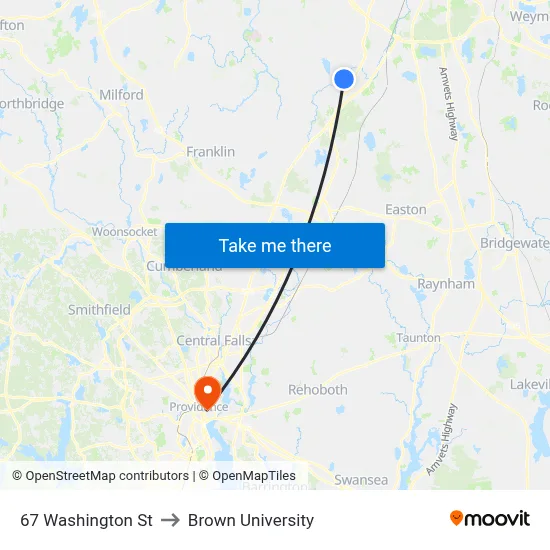 67 Washington St to Brown University map