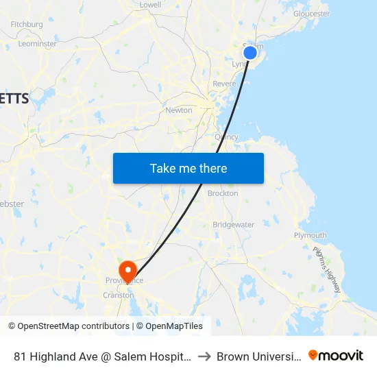 81 Highland Ave @ Salem Hospital to Brown University map