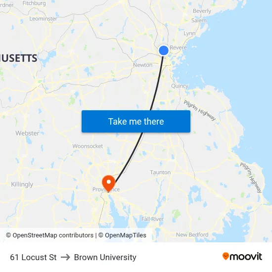 61 Locust St to Brown University map