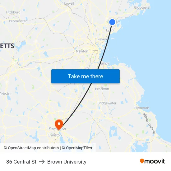 86 Central St to Brown University map