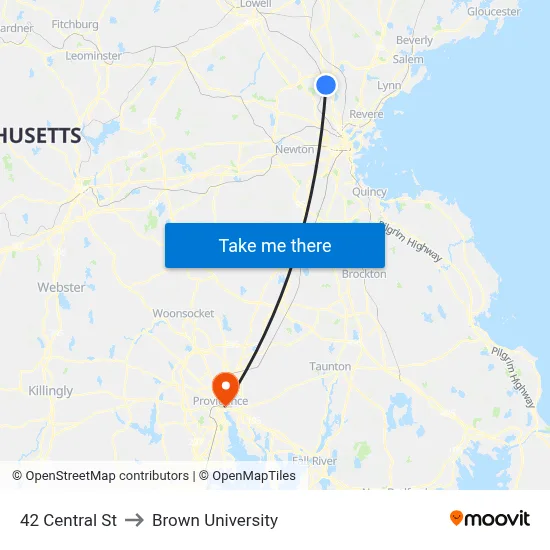 42 Central St to Brown University map