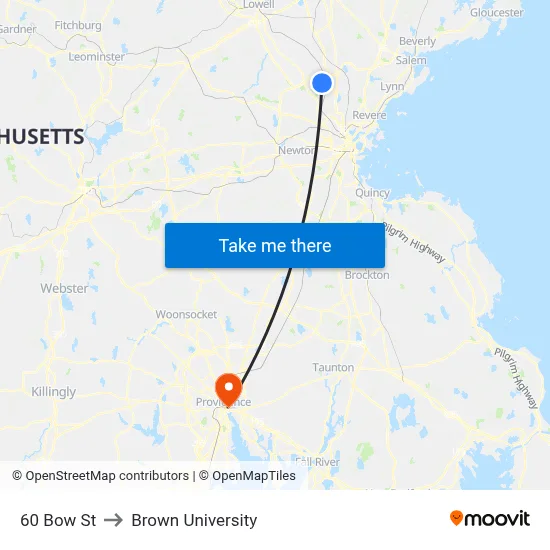 60 Bow St to Brown University map