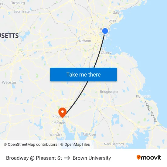 Broadway @ Pleasant St to Brown University map