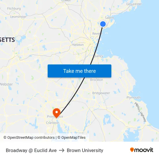 Broadway @ Euclid Ave to Brown University map