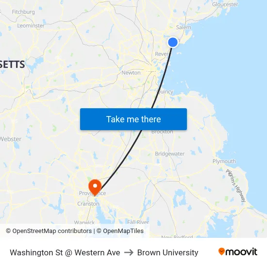 Washington St @ Western Ave to Brown University map