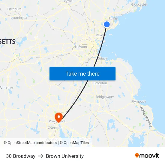 30 Broadway to Brown University map