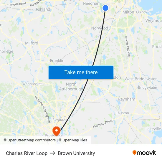 Charles River Loop to Brown University map
