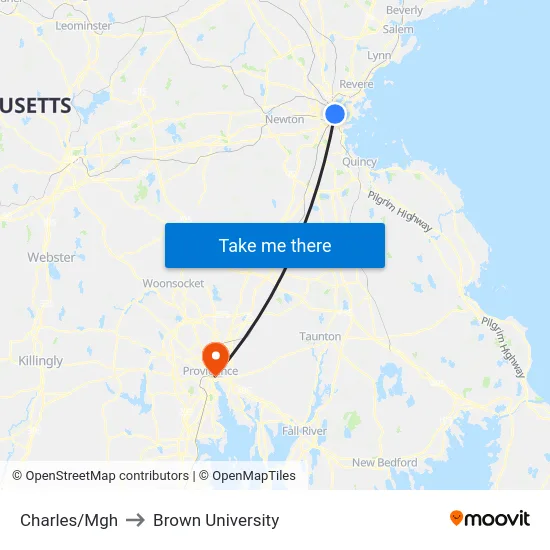 Charles/Mgh to Brown University map