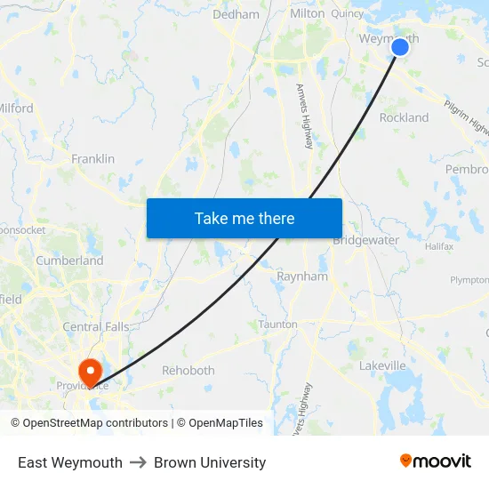 East Weymouth to Brown University map