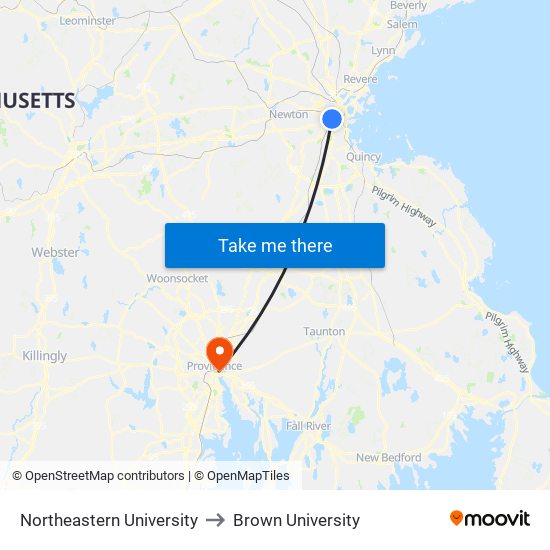 Northeastern University to Brown University map