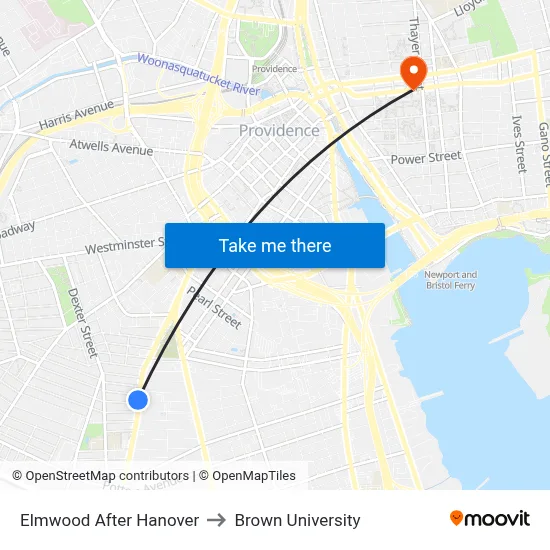 Elmwood After Hanover to Brown University map