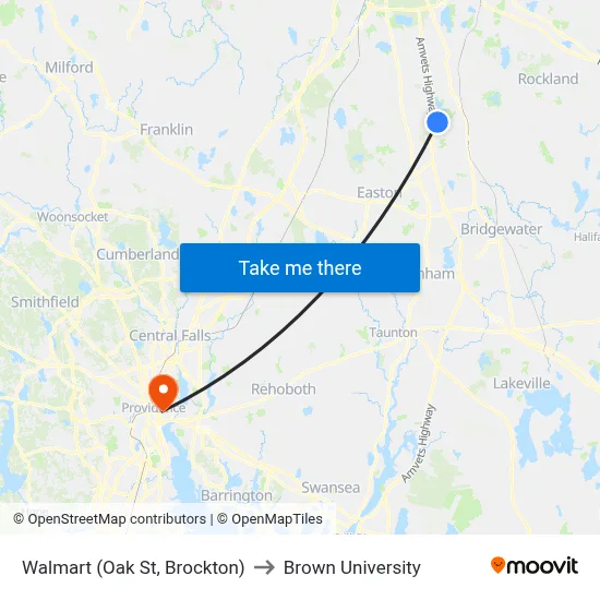 Walmart (Oak St, Brockton) to Brown University map