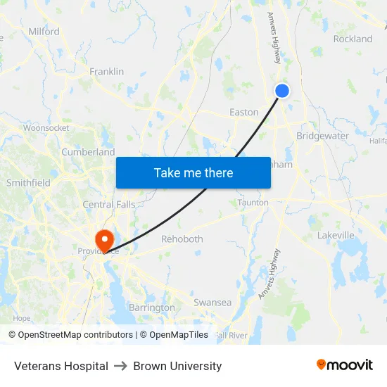 Veterans Hospital to Brown University map