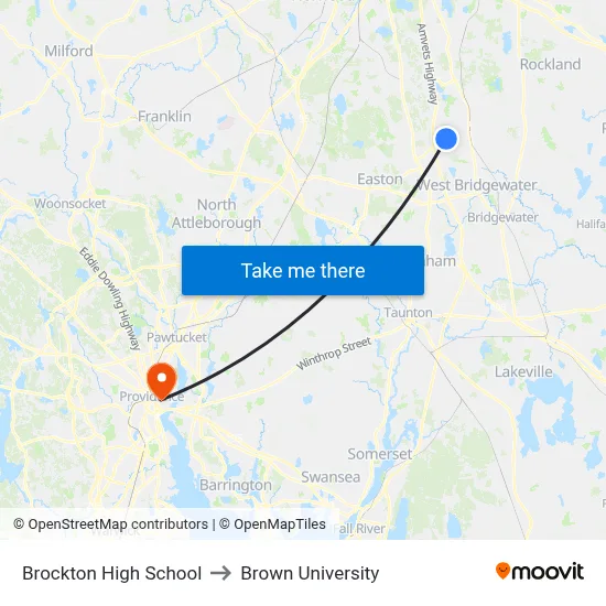 Brockton High School to Brown University map